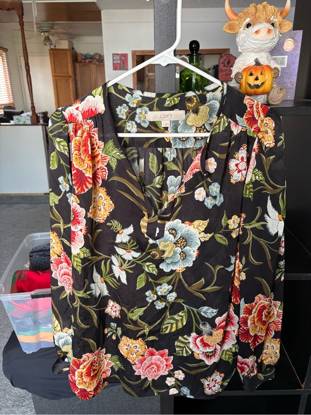LOFT Black Floral V-Neck Long Sleeve Blouse with Multicolor Blooms